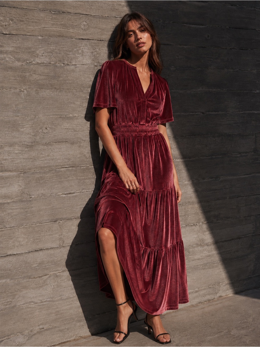 August Sky NWT Velvet Split Neck Tiered Maxi Dress Dusty Rose S